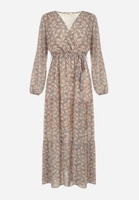 Born2be - Beżowo-Granatowo-Beżowa Sukienka Maxi Boho Elerra. Okazja: na spacer, na randkę. Kolor: beżowy. Materiał: materiał. Długość rękawa: długi rękaw. Typ sukienki: rozkloszowane. Styl: boho. Długość: maxi #6