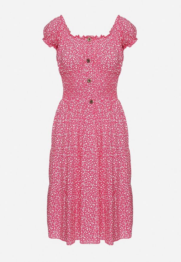 Born2be - Fuksjowa Bawełniana Sukienka w Drobne Kwiaty z Gumkami w Talii Fielita. Kolor: różowy. Materiał: bawełna. Długość rękawa: krótki rękaw. Wzór: kwiaty. Sezon: lato. Styl: elegancki