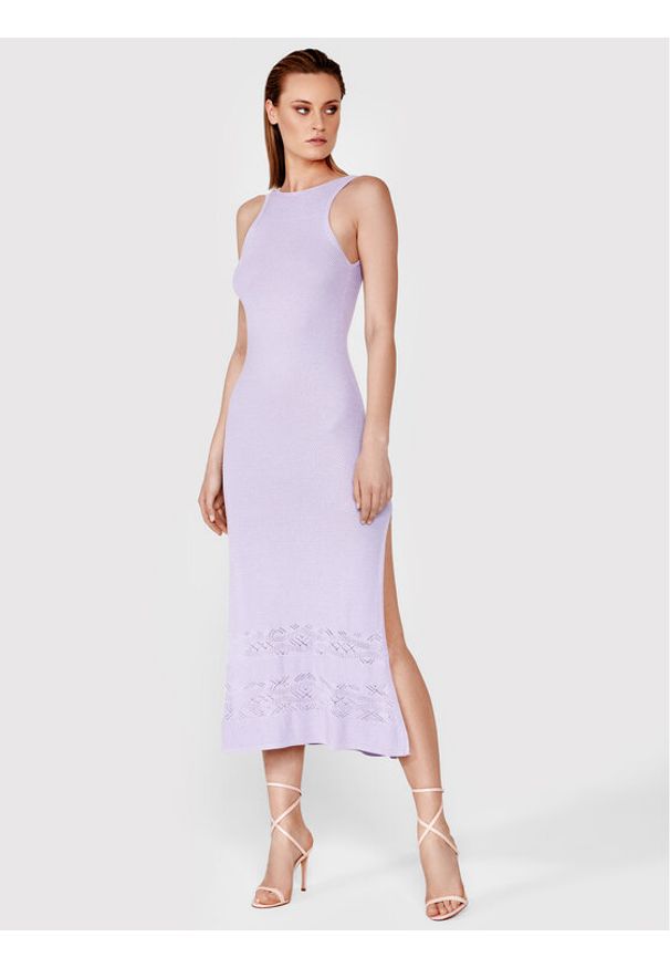 Simple Sukienka dzianinowa SUD066 Fioletowy Slim Fit. Kolor: fioletowy. Materiał: dzianina, wiskoza