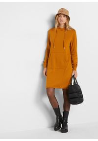bonprix - Sukienka dresowa z mieszanki bawełny. Typ kołnierza: kaptur. Kolor: brązowy. Materiał: dresówka, bawełna. Długość rękawa: długi rękaw #1