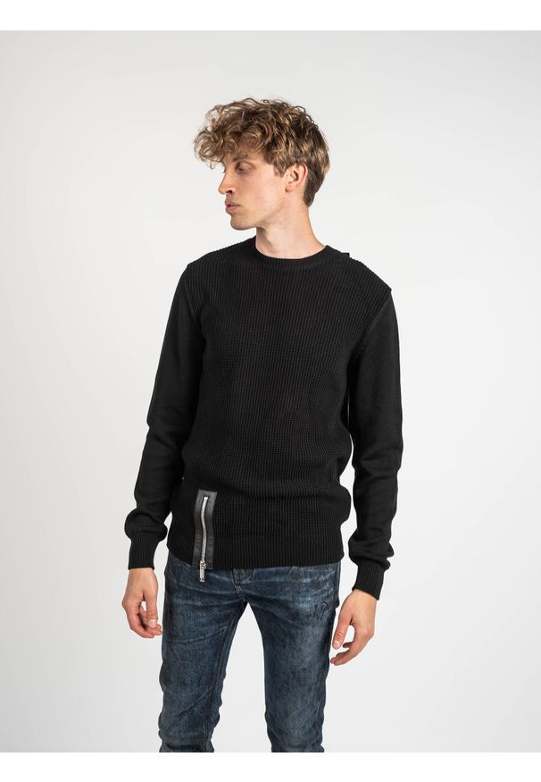 Les Hommes Sweter | LKK110 607L | Jumper With Zip | Mężczyzna | Czarny. Okazja: na co dzień. Kolor: czarny. Materiał: bawełna. Wzór: aplikacja. Styl: casual