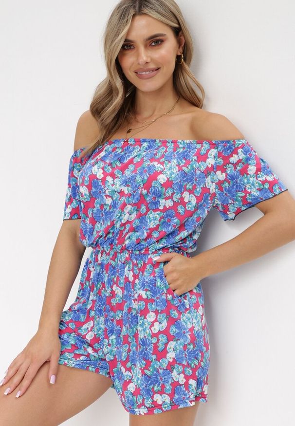 Born2be - Niebiesko-Czerwoni Kombinezon w Kwiaty z Hiszpańskim Dekoltem i Gumką w Talii Eleanodora. Kolor: niebieski. Długość: krótkie. Wzór: kwiaty. Sezon: lato