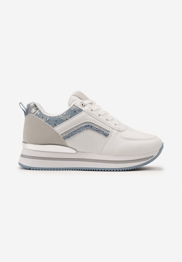 Renee - Biało-Niebieskie Sneakersy na Piankowej Podeszwie z Brokatowymi Wstawkami Pallasia. Okazja: na co dzień. Nosek buta: okrągły. Zapięcie: sznurówki. Kolor: biały. Materiał: materiał, jeans. Obcas: na obcasie. Wysokość obcasa: niski