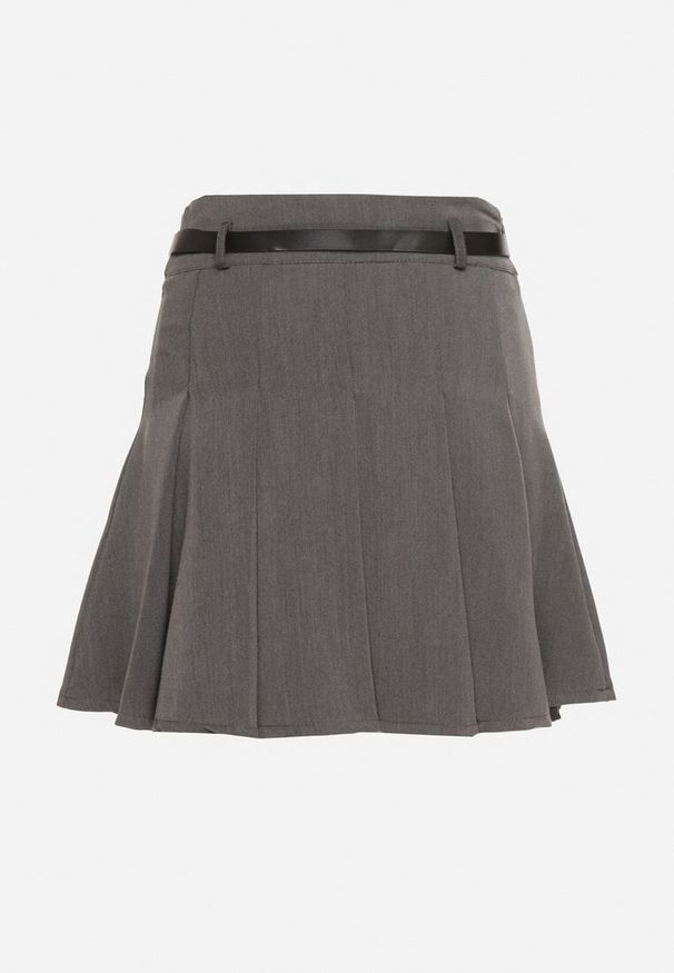 Born2be - Szara Plisowana Spódnica z Wiskozą Ozdobiona Paskiem Semarise. Okazja: na co dzień. Kolor: szary. Materiał: wiskoza. Wzór: aplikacja. Styl: casual, elegancki