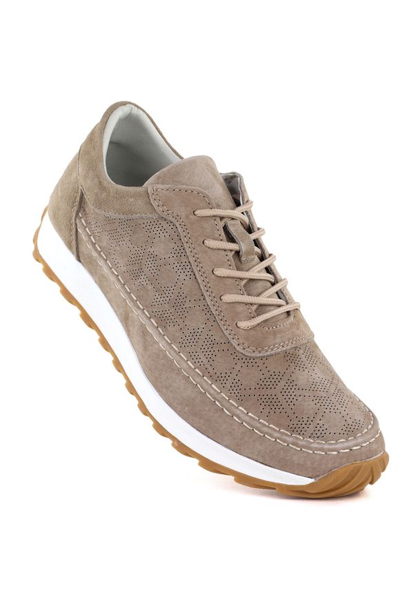 Skórzane półbuty damskie zamszowe jasny braz Sergio Leone SP001. Materiał: skóra. Szerokość cholewki: normalna. Wzór: ażurowy