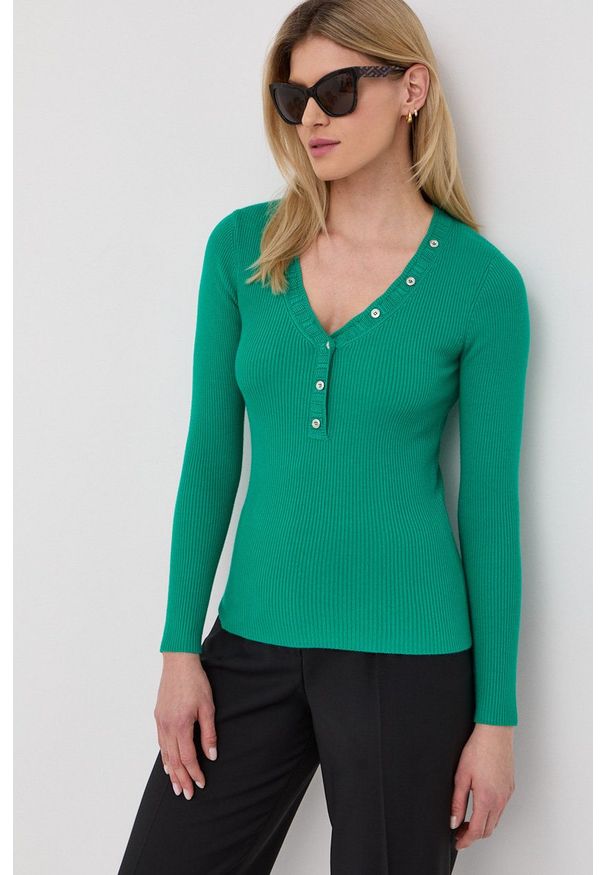Morgan sweter damski kolor zielony lekki. Kolor: zielony. Materiał: dzianina. Długość rękawa: długi rękaw. Długość: krótkie. Wzór: gładki