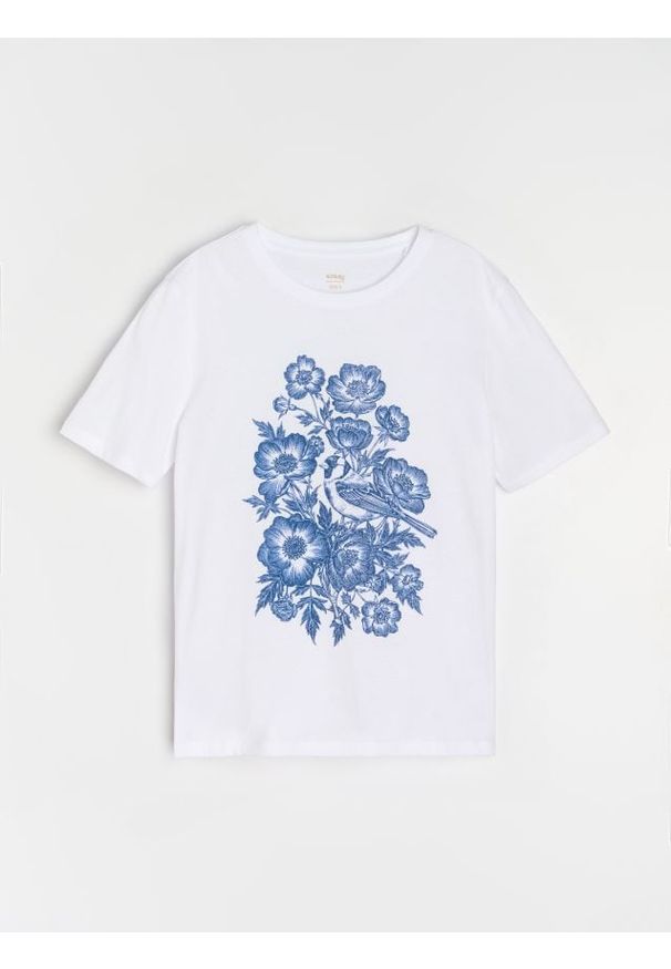 Sinsay - Bawełniana koszulka z nadrukiem - biały. Kolor: biały. Materiał: bawełna. Wzór: nadruk