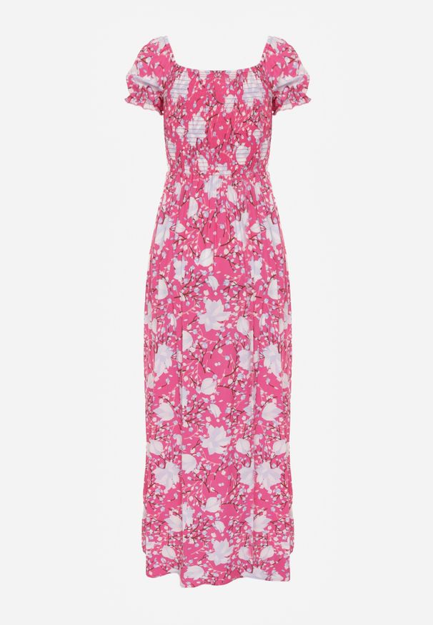 Renee - Różowa Kwiecista Sukienka o Rozkloszowanym Kroju z Marszczoną Górą Eliseria. Okazja: na imprezę. Typ kołnierza: dekolt w łódkę. Kolor: różowy. Materiał: materiał. Wzór: kwiaty. Typ sukienki: rozkloszowane. Styl: elegancki