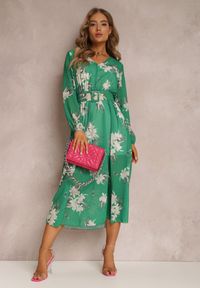 Renee - Zielona Sukienka Euphona. Kolor: zielony. Materiał: tkanina. Długość rękawa: długi rękaw. Wzór: nadruk. Styl: klasyczny. Długość: midi #1