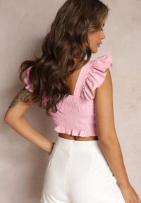 Renee - Jasnoróżowy Top na Ramiączkach z Falbankami i Wiązanym Paskiem Eleagni. Typ kołnierza: kołnierz z falbankami. Kolor: różowy. Materiał: materiał. Długość rękawa: na ramiączkach #3