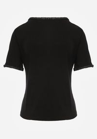 Renee - Czarny Gładki T-shirt Bawełniany z Ozdobnymi Lamówkami z Warkoczowego Splotu Thalia. Kolor: czarny. Materiał: bawełna. Wzór: gładki, ze splotem #7