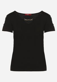 Born2be - Czarny Bawełniany T-shirt z Łańcuszkiem i Koronką Liraveira. Okazja: na co dzień. Typ kołnierza: okrągły. Kolor: czarny. Materiał: bawełna, koronka. Długość rękawa: krótki rękaw. Długość: krótkie. Wzór: koronka. Styl: klasyczny, elegancki, casual #6