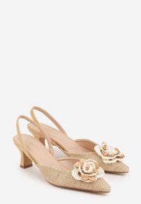 Renee - Beżowe Sandały Slingback na Kaczuszce z Tweedowymi Wstawkami i Kwiatem 3D Zehe. Okazja: na co dzień, na imprezę. Zapięcie: bez zapięcia. Kolor: beżowy. Materiał: jeans, koronka. Wzór: kwiaty. Obcas: na szpilce. Styl: casual, elegancki #8