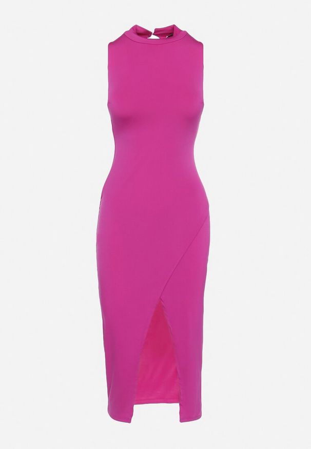 Born2be - Fioletowa Sukienka z Półgolfem z Rozcięciem na Przodzie Aelwyn. Okazja: na imprezę, na co dzień. Kolor: fioletowy. Materiał: skóra. Długość rękawa: krótki rękaw. Styl: casual