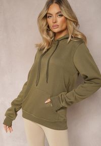 Renee - Ciemnozielona Klasyczna Bluza z Kapturem ze Ściągaczem Mozartia. Okazja: na co dzień. Typ kołnierza: kaptur. Kolor: zielony. Materiał: jeans. Styl: klasyczny