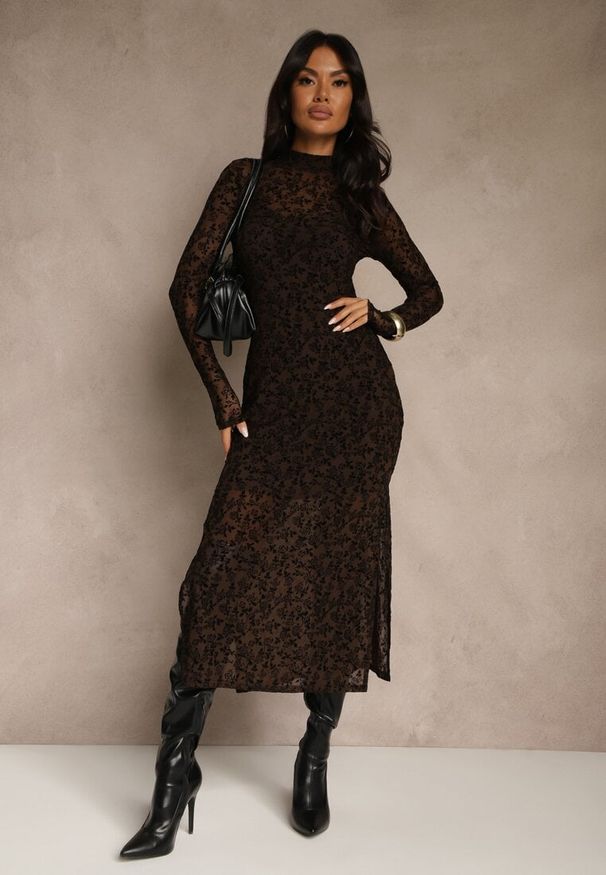 Renee - Brązowa Koktajlowa Sukienka z Wiskozą w Welurowe Kwiaty Amette. Kolor: brązowy. Materiał: welur, wiskoza. Długość rękawa: na ramiączkach. Wzór: kwiaty. Styl: wizytowy