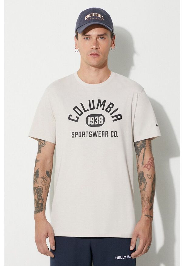 columbia - Columbia t-shirt męski kolor beżowy z nadrukiem. Okazja: na co dzień. Kolor: beżowy. Materiał: bawełna. Wzór: nadruk. Styl: casual
