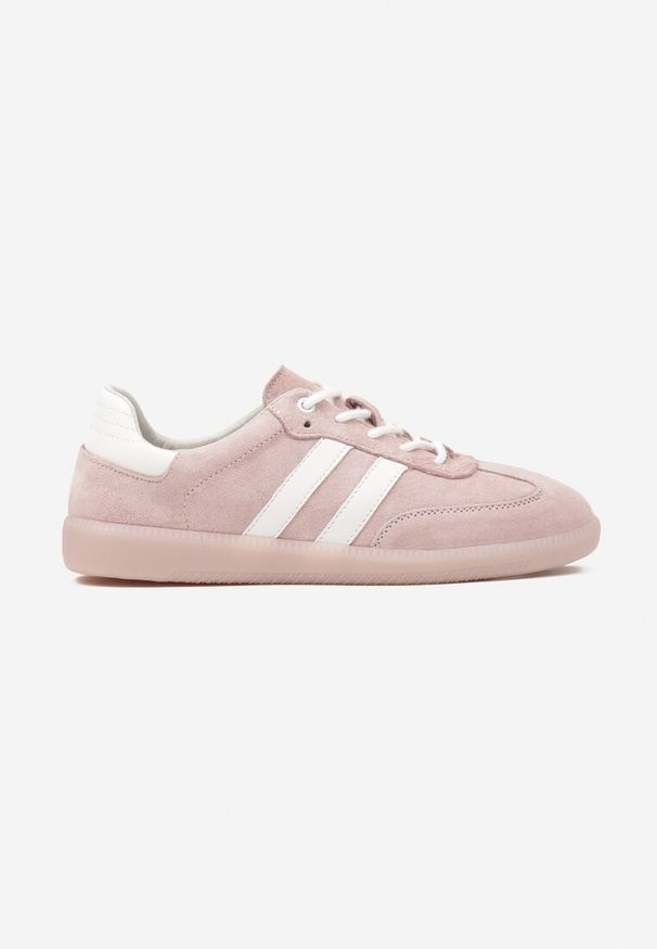Renee - Różowe Płaskie Sneakersy ze Skóry Naturalnej z Ozdobnymi Paskami Nelarielis. Okazja: na spacer, na co dzień. Zapięcie: pasek. Kolor: różowy. Materiał: skóra. Wzór: paski. Sport: turystyka piesza