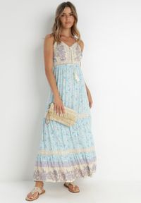 Born2be - Jasnoniebieska Sukienka Bakrey. Kolor: niebieski. Materiał: koronka, wiskoza, tkanina. Długość rękawa: na ramiączkach. Wzór: aplikacja, kwiaty, nadruk. Sezon: lato. Długość: maxi #5