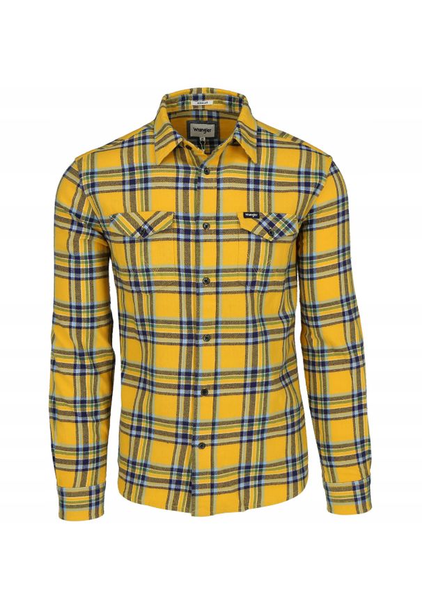 Wrangler - WRANGLER LS 2PKT FLAP SHIRT MĘSKA KOSZULA MATERIAŁOWA W KRATĘ GOLDEN ROD W5A53WX1K. Materiał: materiał