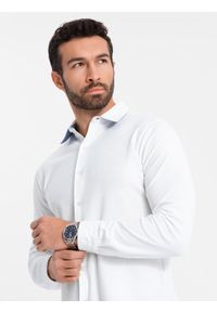 Ombre Clothing - Dzianinowa koszula męska SLIM FIT z długim rękawem – biała V1. Kolor: biały. Materiał: dzianina. Długość rękawa: długi rękaw. Długość: długie #8