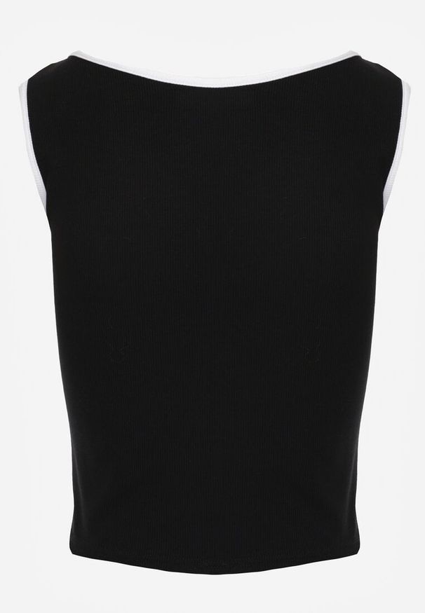 Renee - Czarny Prążkowany Top z Bawełny Ozdobiony Guzikami przy Dekolcie Beralissa. Okazja: na co dzień. Kolor: czarny. Materiał: bawełna, prążkowany. Wzór: aplikacja. Styl: casual