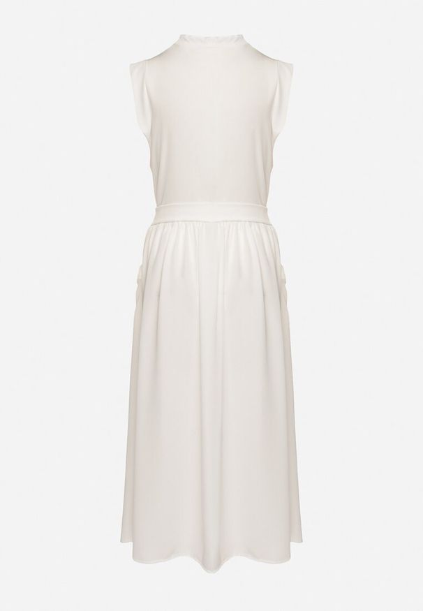 Born2be - Biała Sukienka Koszulowa o Rozkloszowanym Kroju z Wiązaniem w Pasie Mavirielle. Okazja: na co dzień. Typ kołnierza: dekolt w serek. Kolor: biały. Materiał: skóra. Długość rękawa: długi rękaw. Typ sukienki: koszulowe. Styl: casual, elegancki