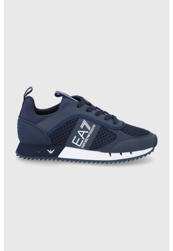 EA7 Emporio Armani Buty kolor granatowy na płaskiej podeszwie. Zapięcie: sznurówki. Kolor: niebieski. Materiał: guma. Obcas: na płaskiej podeszwie