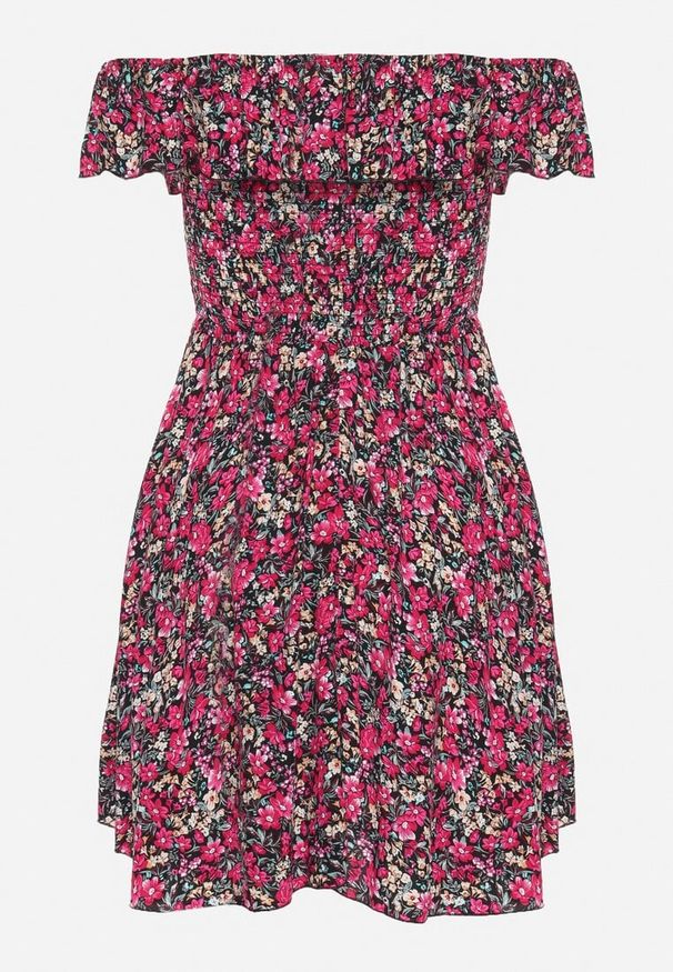 Born2be - Czarna Sukienka z Bawełny Typu Hiszpanka z Falbankami w Kwiaty Aenne. Okazja: na spacer, na imprezę. Typ kołnierza: dekolt hiszpanka, kołnierz z falbankami. Kolor: czarny. Materiał: bawełna. Wzór: kwiaty. Sezon: lato. Styl: elegancki