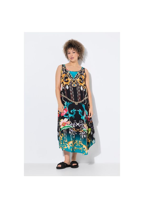 ULLA POPKEN - Damskie Sukienka nadruk barokowy krój trapezowy okrągły dekolt bez rękawów. Kolekcja: plus size. Kolor: czarny. Materiał: materiał, wiskoza. Długość rękawa: bez rękawów. Wzór: nadruk. Typ sukienki: trapezowe. Styl: sportowy