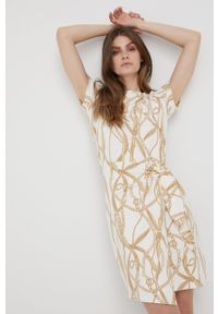 Lauren Ralph Lauren sukienka kolor beżowy mini dopasowana. Kolor: beżowy. Materiał: dzianina. Długość rękawa: krótki rękaw. Długość: mini