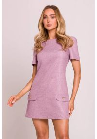 MOE - Elegancka sukienka trapezowa mini wrzos. Okazja: na co dzień, do pracy, na spotkanie biznesowe. Kolor: niebieski, pomarańczowy. Materiał: tkanina. Długość rękawa: krótki rękaw. Wzór: gładki. Typ sukienki: trapezowe. Styl: elegancki. Długość: mini