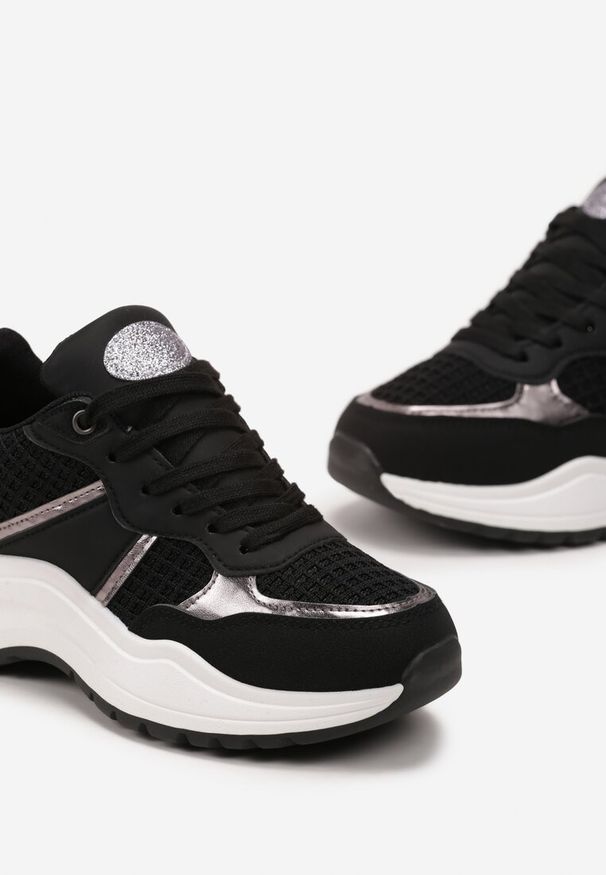 Born2be - Czarne Sneakersy na Płaskiej Podeszwie z Metalicznymi i Brokatowymi Wstawkami Acrila. Kolor: czarny. Sezon: jesień, wiosna. Obcas: na płaskiej podeszwie