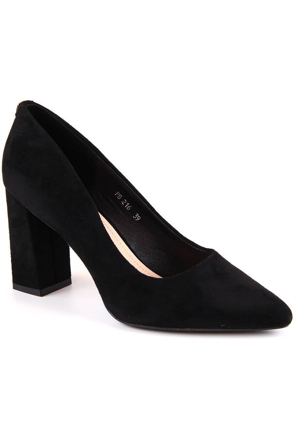 Czółenka na słupku zamszowe czarne Sergio Leone PB216. Kolor: czarny. Materiał: zamsz. Szerokość cholewki: normalna. Obcas: na słupku