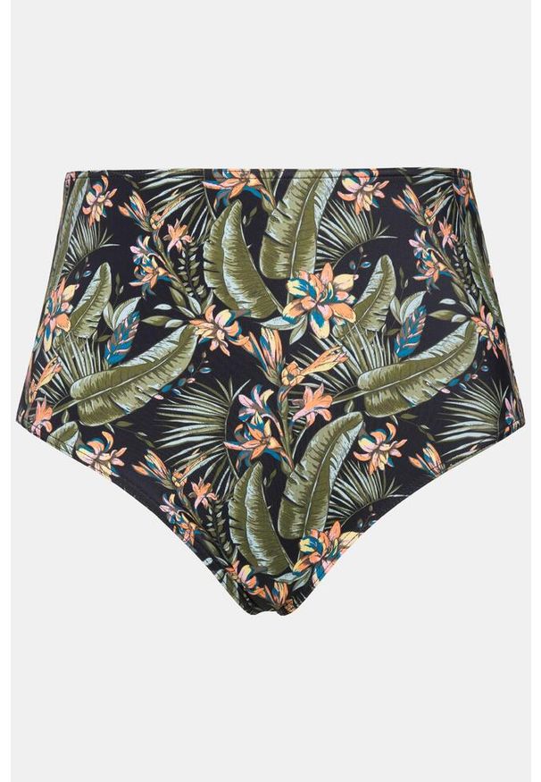 ULLA POPKEN - Damskie Slipy bikini wysoki stan styl fig nadruk tropikalny. Stan: podwyższony. Kolekcja: plus size. Kolor: czarny. Materiał: poliester, elastan, poliamid, materiał. Wzór: nadruk