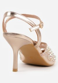 Renee - Szampańskie Siateczkowe Czółenka na Szpilce VICES Ozdobione Cyrkoniami i Brokatem Orinelis. Zapięcie: sprzączka. Kolor: złoty. Materiał: satyna. Szerokość cholewki: normalna. Wzór: aplikacja. Obcas: na szpilce. Styl: glamour #5