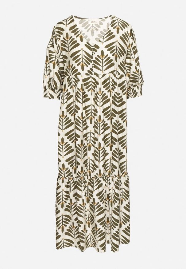 Born2be - Zielona Rozkloszowana Sukienka z Wiskozą z Motywem Roślinnym Loredia. Okazja: na co dzień. Typ kołnierza: dekolt w kształcie V. Kolor: zielony. Materiał: wiskoza. Długość rękawa: krótki rękaw. Wzór: aplikacja. Styl: casual, elegancki