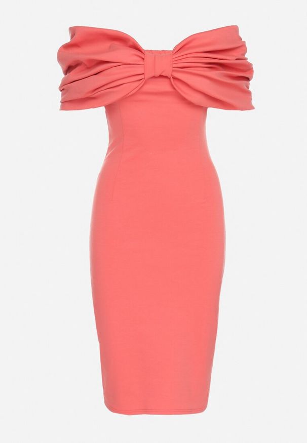 Born2be - Pomarańczowa Taliowana Sukienka Dopasowana z Odsłoniętymi Ramionami i Drapowaniem Palamiria. Okazja: na randkę, na imprezę. Kolor: pomarańczowy