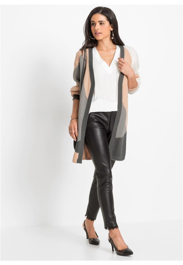 bonprix - Sweter bez zapięcia oversize. Kolor: beżowy. Wzór: geometria, aplikacja