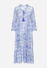 Born2be - Niebieska Rozkloszowana Sukienka w Stylu Boho Wiązana przy Dekolcie z Falbankami Dimasia. Okazja: na spacer. Typ kołnierza: kołnierz z falbankami. Kolor: niebieski. Materiał: materiał. Styl: boho #7