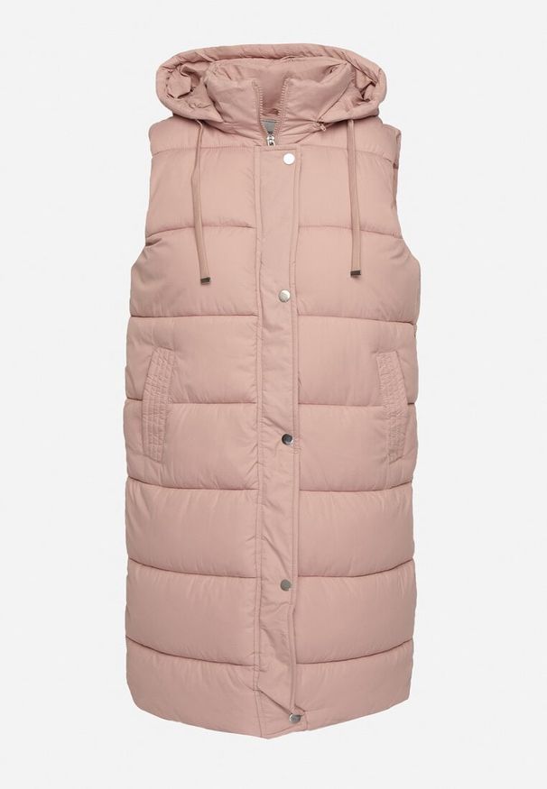 Born2be - Różowa Pikowana Kamizelka z Kapturem i Sznurkami Zelothis. Typ kołnierza: kaptur. Kolor: różowy. Materiał: jeans, dzianina. Długość: długie. Sezon: jesień. Styl: elegancki, klasyczny