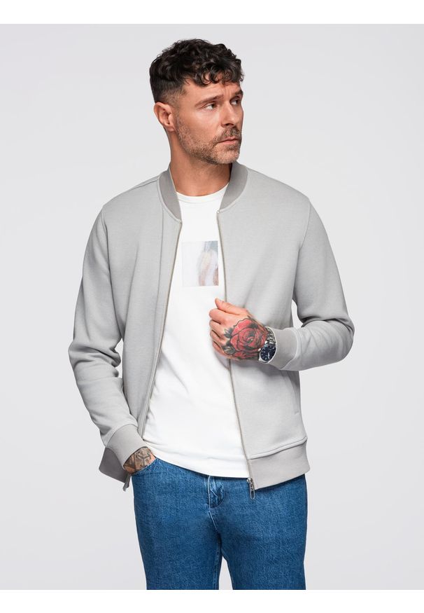 Ombre Clothing - Męska bluza bomberka z dzianiny pique – szara V4 - Rozmiar: M. Okazja: na co dzień. Kolor: szary. Materiał: dzianina. Wzór: haft. Styl: casual, elegancki, klasyczny