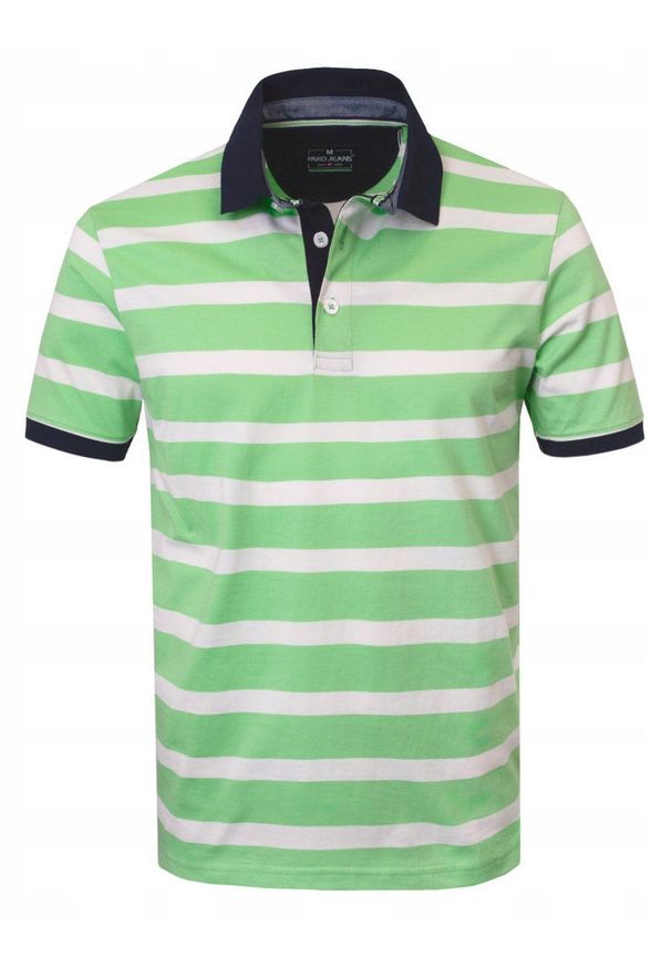 Męska Koszulka Polo - Pako Jeans - Zielone Prążki. Okazja: na co dzień. Typ kołnierza: polo. Kolor: zielony. Materiał: bawełna. Wzór: prążki, paski. Styl: casual