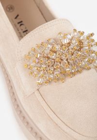 Renee - Beżowe Mokasyny z Aplikacją z Biżuteryjnych Koralików Viatalia. Okazja: na co dzień, do pracy. Kolor: beżowy. Materiał: bawełna. Wzór: aplikacja. Styl: casual, klasyczny #8
