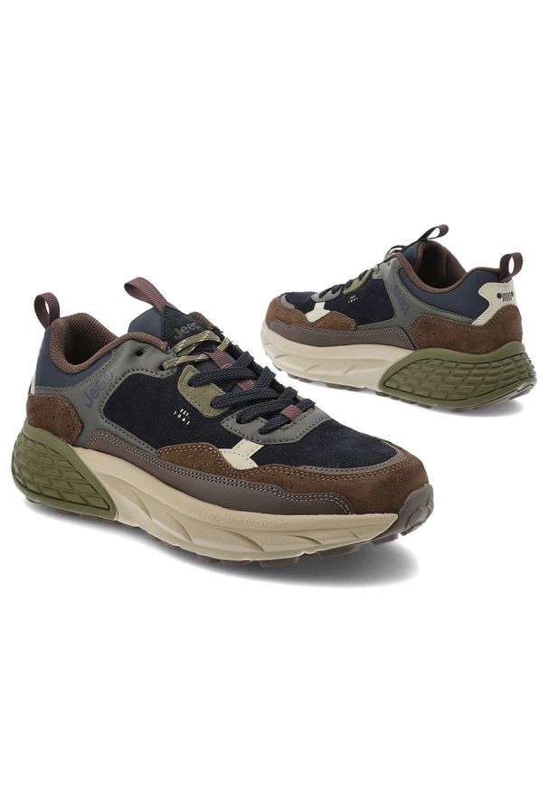 Sneakersy męskie Jeep, sportowe zamszowe na grubej platformie i sznurowane, granatowe, JM52070A-016. Okazja: na co dzień. Kolor: niebieski. Materiał: skóra, zamsz, tkanina. Szerokość cholewki: normalna. Obcas: na platformie