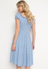Born2be - Niebieska Bawełniana Sukienka w Drobne Kwiaty z Gumkami w Talii Fielita. Kolor: niebieski. Materiał: bawełna. Długość rękawa: krótki rękaw. Wzór: kwiaty. Sezon: lato. Styl: elegancki #3