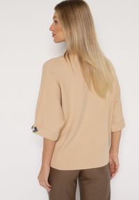 Born2be - Beżowy Sweter Ozdobiony na Rękawach Cyrkoniami Aletusa. Okazja: na co dzień. Kolor: beżowy. Materiał: jeans. Wzór: aplikacja. Styl: casual, elegancki #6