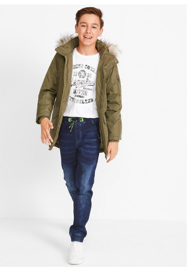 bonprix - Dżinsy dresowe mid waist z wygodnym paskiem o kroju regular fit. Kolor: niebieski