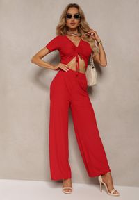 Renee - Czerwony Komplet Koszulka ze Ściągaczem Szerokie Spodnie z Gumką w Talii Tolan. Kolor: czerwony. Materiał: materiał #2
