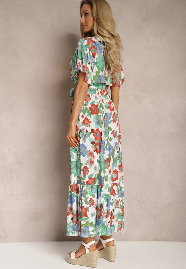 Renee - Biało-Czerwony Wiskozowy Komplet w Kwiatowy Print Spódnica i Bluzka z Kopertowym Dekoltem Ollecurne. Kolor: biały. Materiał: wiskoza. Wzór: kwiaty, nadruk